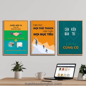 Bộ 3 bức tranh slogan tạo động lực: Cuộc đời ta thay đổi theo hai cách: qua những người ta gặp và qua những cuốn sách ta đọc | Chinh phục mọi thử thách hoàn thành mọi mục tiêu | Cần mẫn kiên trì cái gì cũng có