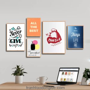 Bộ 5 bức tranh slogan tạo động lực tiếng Anh: Never give up. All The Best. Drink smoothie! Have a nice day. I can do it! The best things in life are free