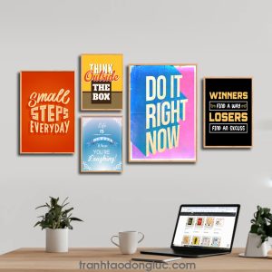 Bộ 5 bức tranh slogan tạo động lực tiếng Anh: Small Steps Everyday. Think outside the box. Life is better when you’re laughing. Do It Right Now. Winners find a way losers find an excuse