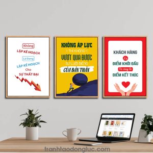 Bộ 3 bức tranh slogan tạo động lực: Không lập kế hoạch là đang lập kế hoạch cho sự thất bại. Không áp lực thì không vượt qua được sự lười biếng của bản thân. Khách hàng là điểm khởi đầu và cũng là điểm kết thúc.