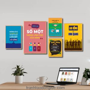 Bộ 5 bức tranh slogan tạo động lực đẹp: Không có gì là không thể với một người luôn biết cố gắng. Hãy là số một trong lĩnh vực của mình. Cuộc đời ta thay đổi theo hai cách qua những người ta gặp và qua những cuốn sách ta đọc. Bắt đầu từ nơi bạn đứng sử dụng những gì bạn có làm những gì bạn có thể. Lao động là vinh quang