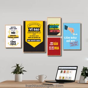 Bộ 5 bức tranh slogan tạo động lực đẹp: Người hiểu biết thì hay nói người thông minh thì hay lắng nghe. Một nhà lãnh đạo vĩ đại không bởi quyền lực mà bằng cách đem lại quyền lợi cho người khác. Không ngừng cố gắng không ngừng nỗ lực. Đừng cố gắng bán hãy giúp khách hàng mua. Cầm đâu để đó học đâu nhớ đó