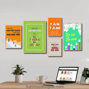 Bộ 5 bức tranh slogan tạo động lực đẹp: Chinh phục mọi thử thách hoàn thành mọi mục tiêu. Trước khi bán sản phẩm hãy bán ý tưởng bán ước mơ. Tận tâm là nền tảng trong mọi hoạt động. Nếu sợ hãi đừng làm nếu làm đừng sợ hãi. Làm hết sức chơi hết mình