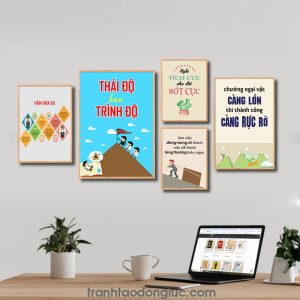 Bộ 5 bức tranh slogan tạo động lực đẹp: Văn hóa 6S. Thái độ hơn trình độ. Nghĩ tích cực cho đời bớt cực. Làm việc đừng mong dễ thành việc dễ thành lòng thường kiêu ngạo. Chướng ngại vật càng lớn thì thành công càng rực rỡ