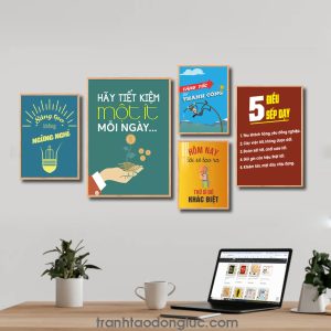 Bộ 5 bức tranh slogan tạo động lực đẹp: Sáng tạo không ngừng nghỉ. Hãy tiết kiệm một ít mỗi ngày. Tăng tốc để thành công. Hôm nay tôi sẽ tạo ra thứ gì đó khác biệt. 5 Điều sếp dạy