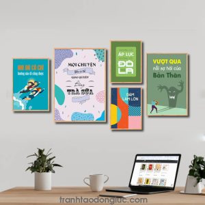 Bộ 5 bức tranh slogan tạo động lực đẹp: Khi đã có chí hướng nào đi cũng được. Mọi chuyện đều có thể giải quyết bằng trà sữa. Không có áp lực không có đô la. Dám làm lớn. Vượt qua nỗi sợ hãi của bạn thân