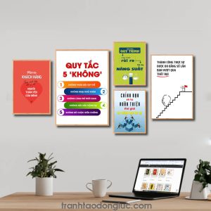 Bộ 5 bức tranh slogan tạo động lực đẹp: Phục vụ khách hàng theo cách bạn đối xử với người thân yêu của mình. Quy tắc 5 không. Làm theo quy trình giảm thiểu rủi ro tối đa năng suất. Chính bạn sẽ hoàn thiện thế giới do chính bạn tạo ra. Thành công thực sự được đo bằng số làn bàn vượt qua thất bại